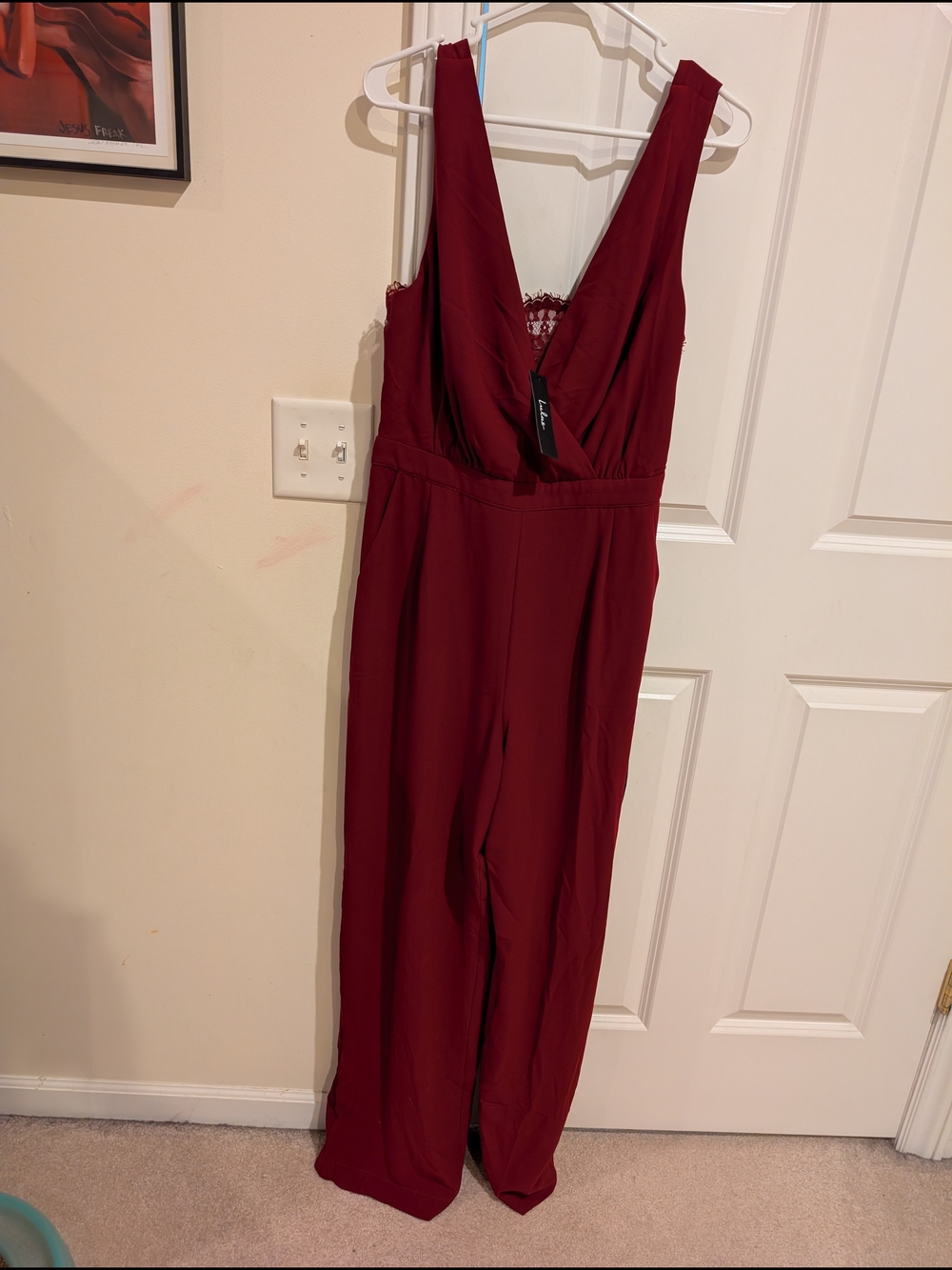 Lulu's Kiska Burgundy Lace Wide Leg Jumpsuit